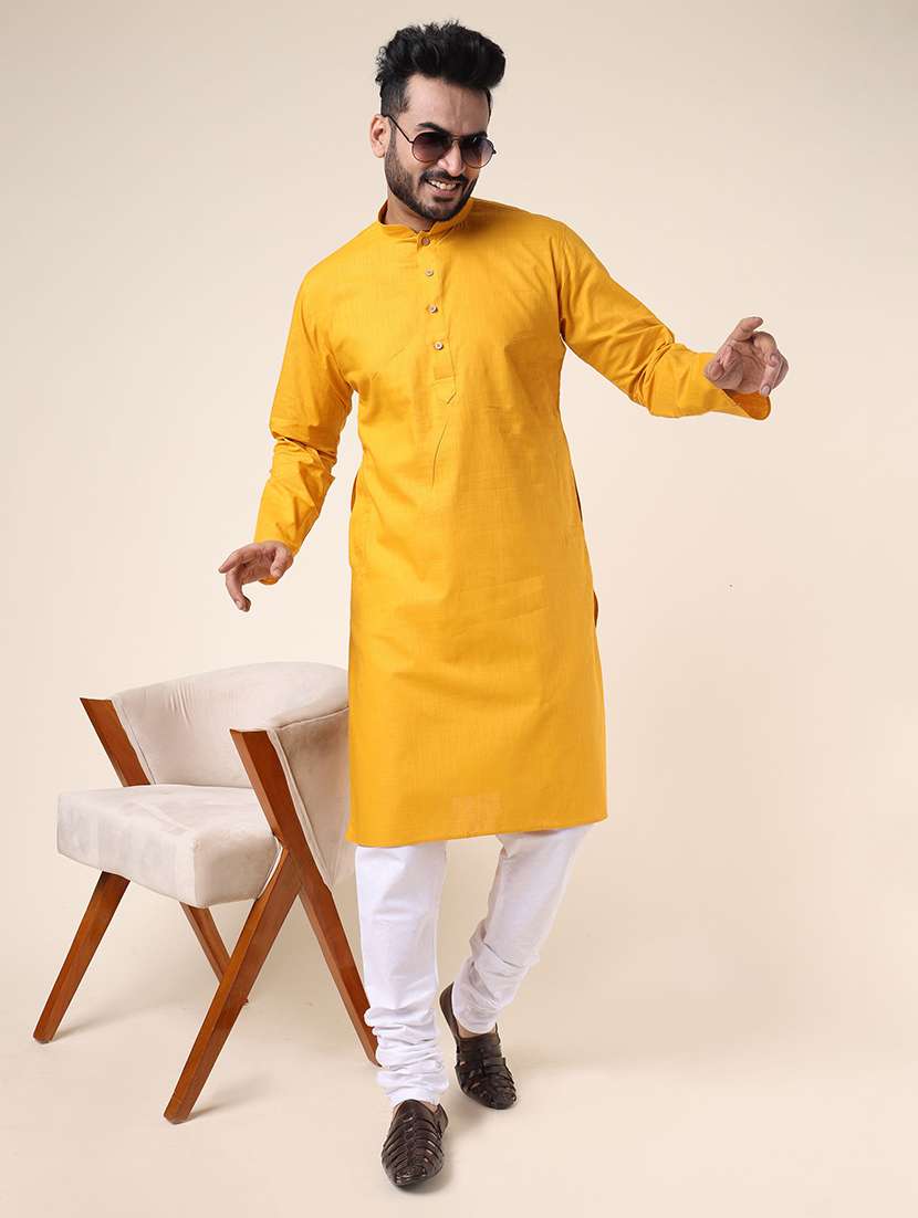 men solid mandarin neck kurta churidar ethnic wear set