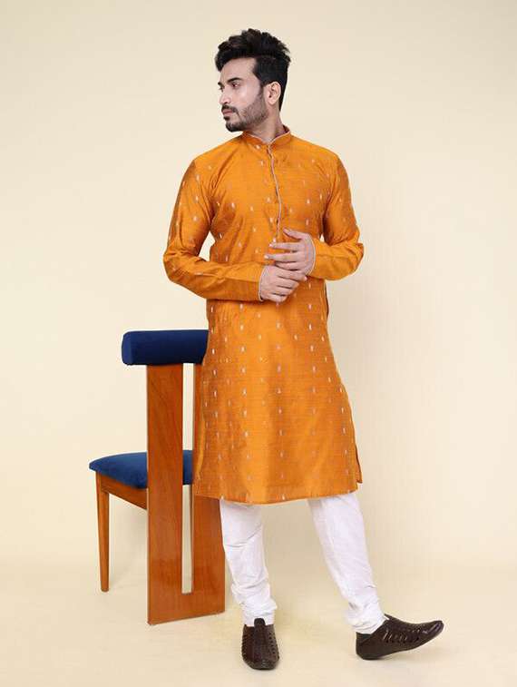 men self design mandarin neck kurta churidar ethnic wear set