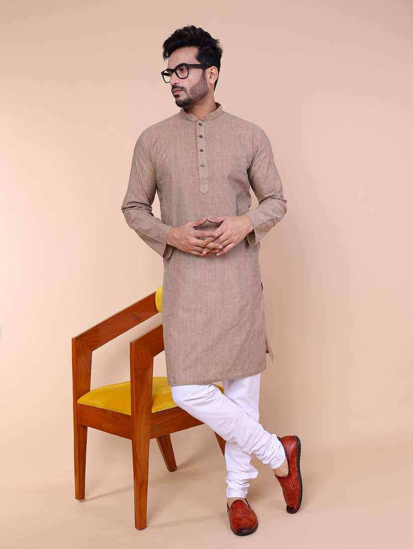 men solid mandarin neck kurta churidar ethnic wear set