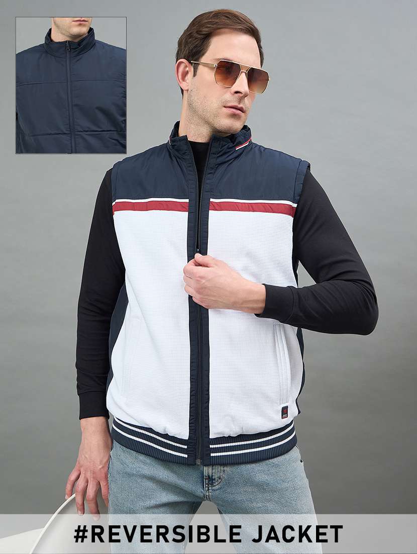 men color block sleeveless reversible bomber jacket