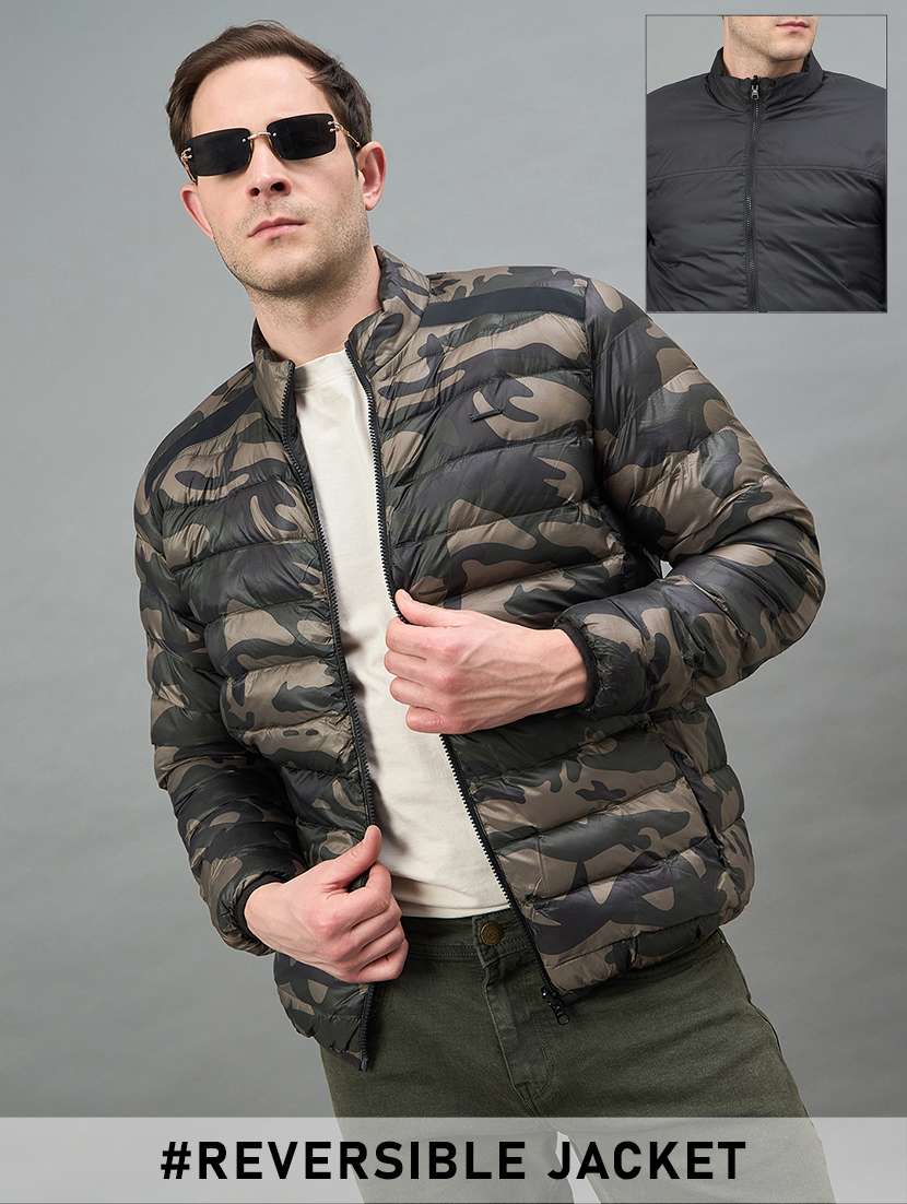 men camouflage long sleeve reversible puffer jacket
