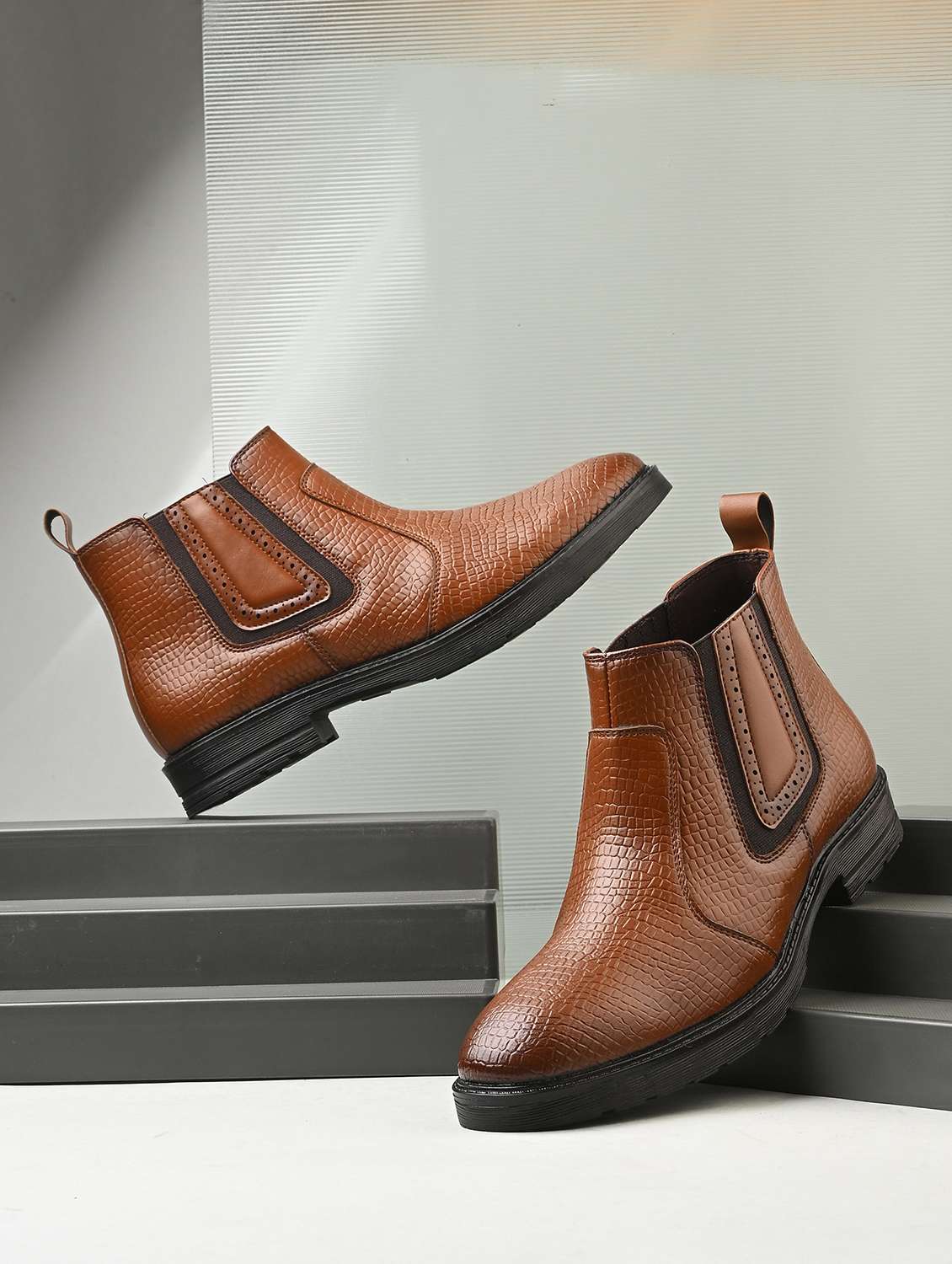 tan synthetic slip on boots