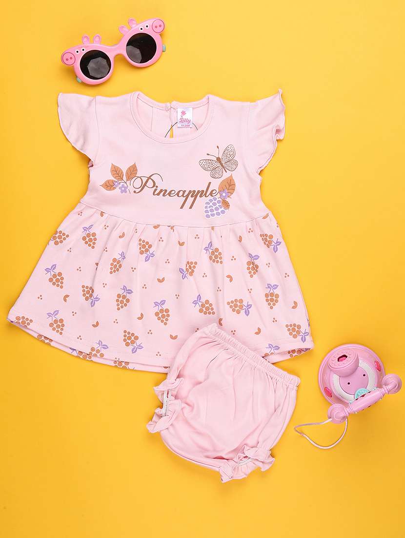 girls printed short sleeve frock with blommer