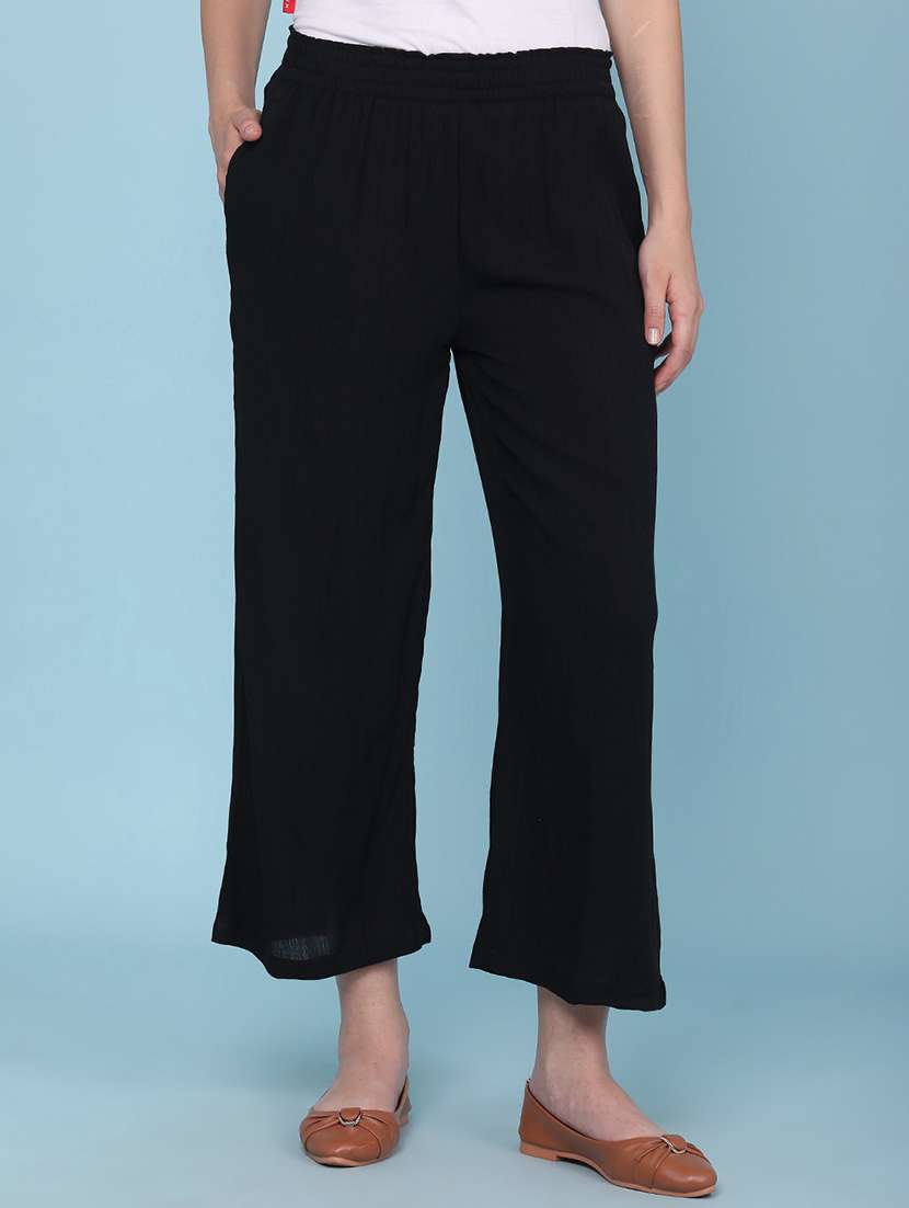 women solid mid rise straight trouser