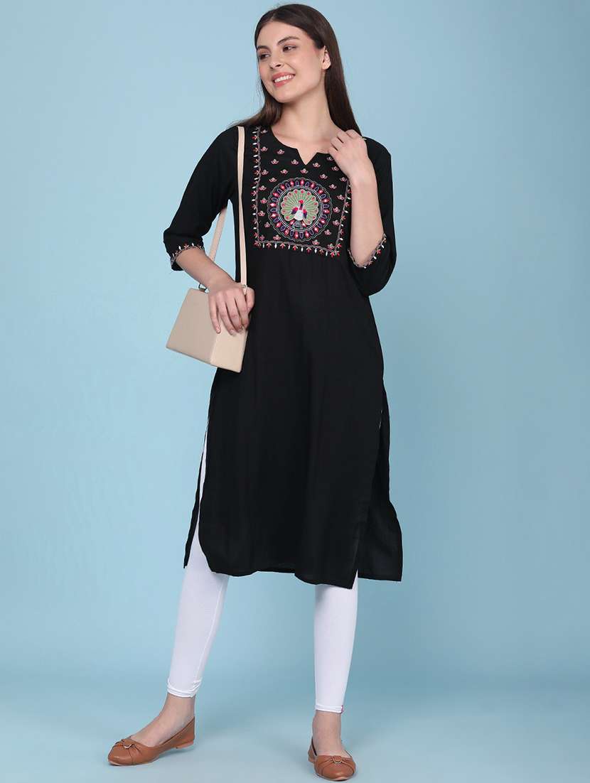 women embroidered three quarter sleeves straight kurta