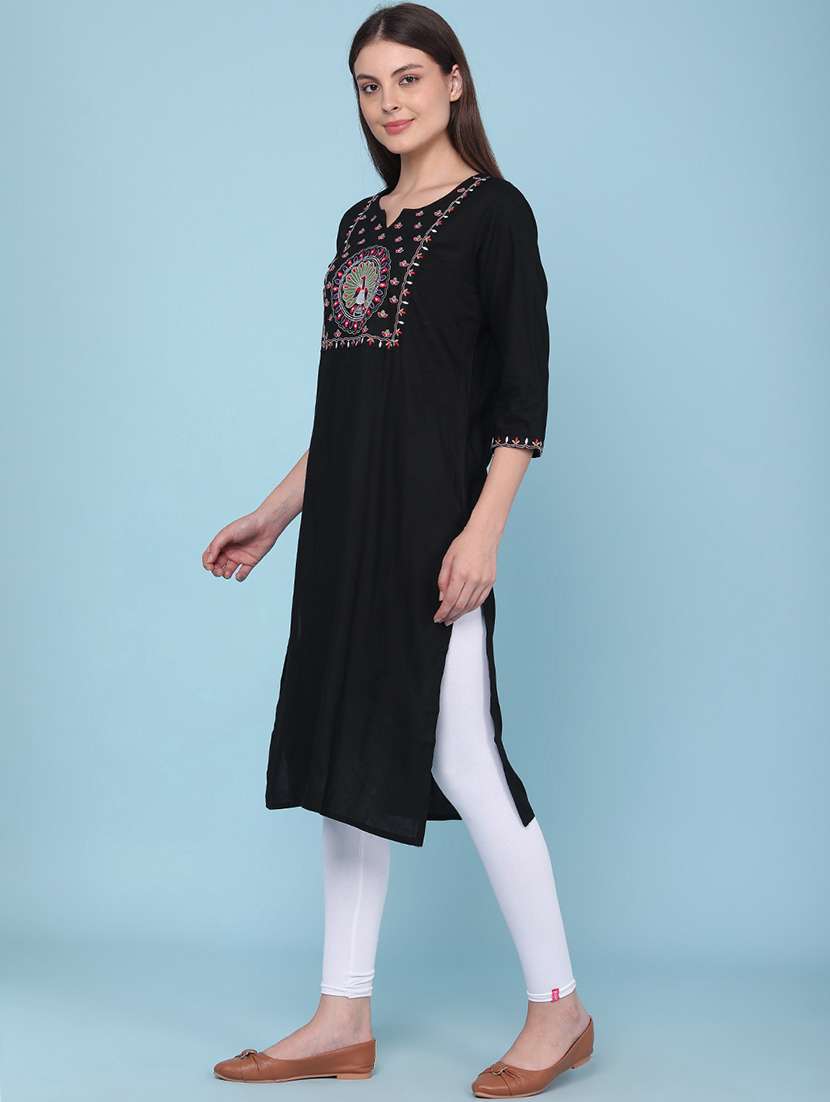 women embroidered three quarter sleeves straight kurta - 22336721 -  Standard Image - 3