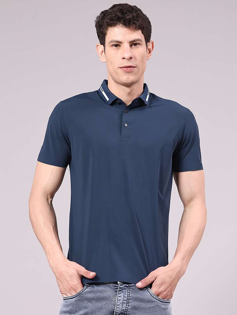 men's navy blue seamless polo-t-shirt with tonal stitching  slim fit breathable stretch
