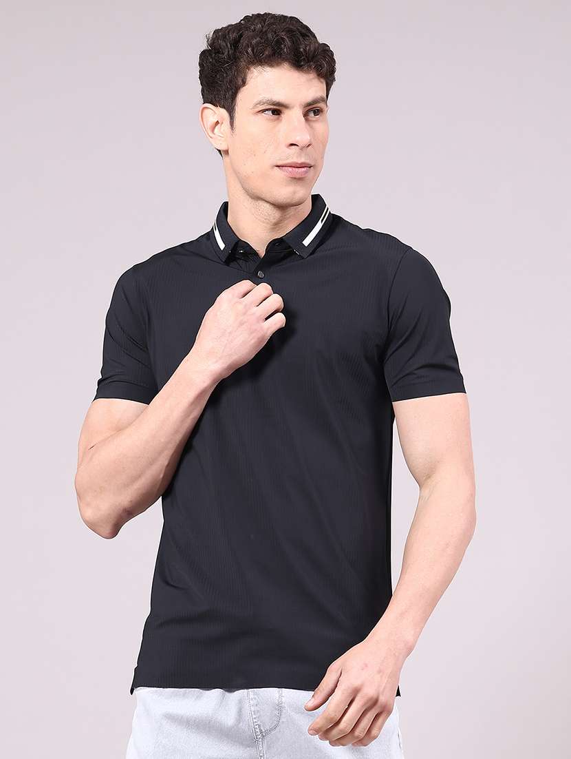 men's black seamless polo-t-shirt with tonal stitching slim fit breathable stretch