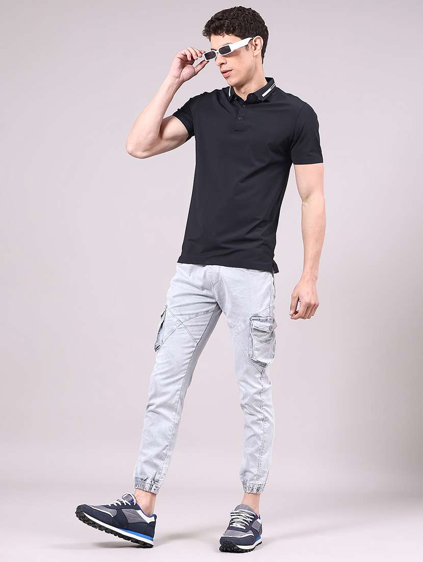men's black seamless polo-t-shirt with tonal stitching slim fit breathable stretch - 22336804 -  Standard Image - 3