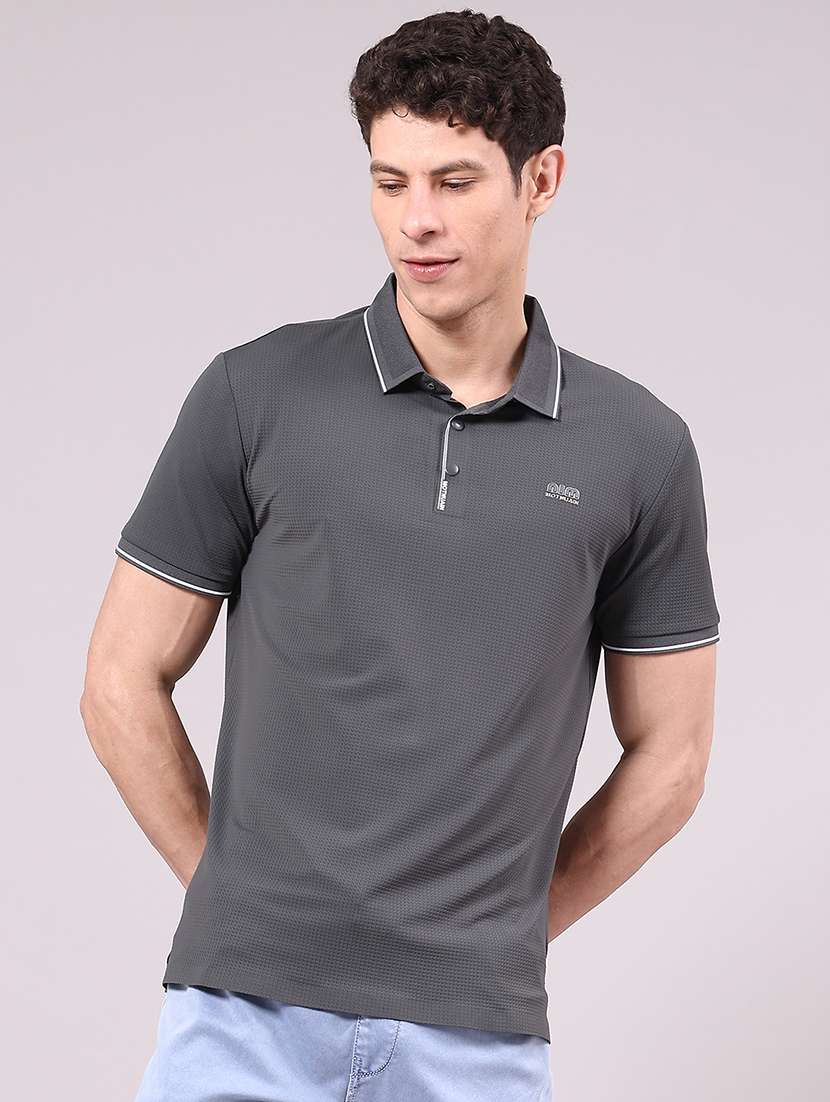 men's grey seamless polo-t-shirt with tonal stitching slim fit breathable stretch