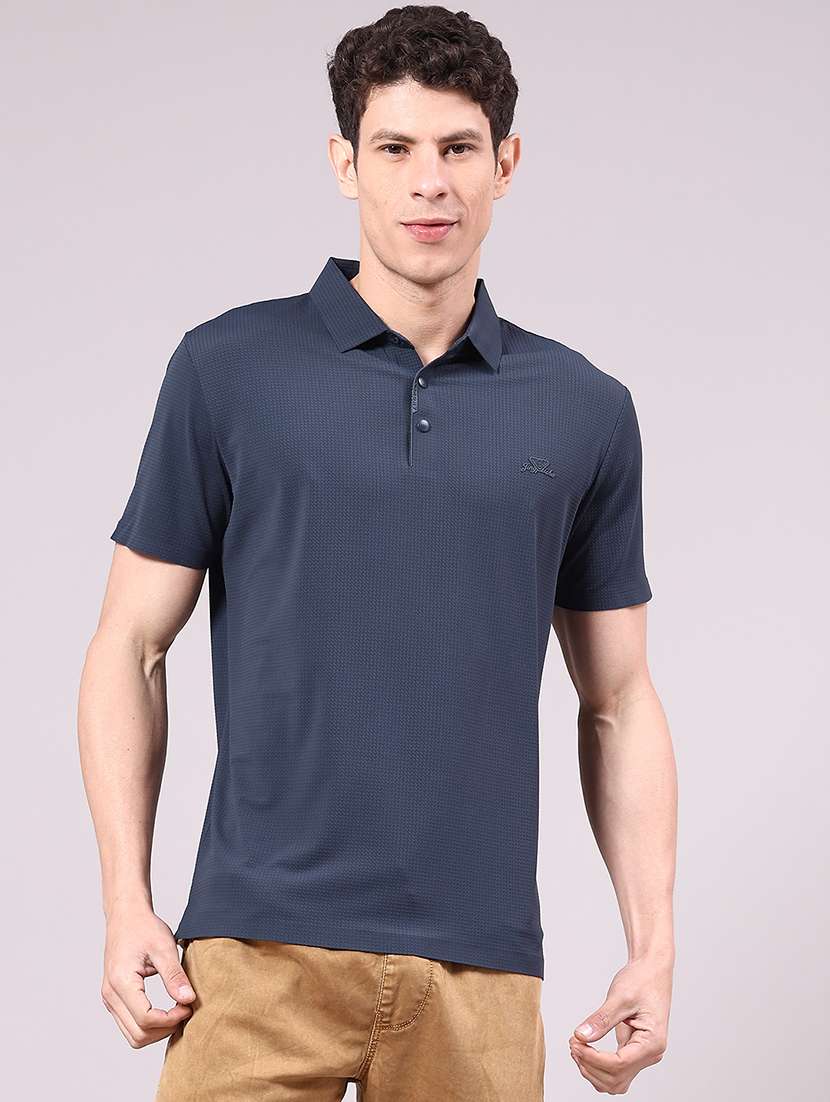 men's navy blue seamless polo-t-shirt with tonal stitching slim fit breathable stretch