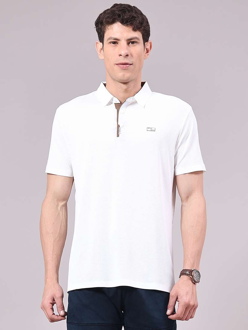 men's white seamless polo-t-shirt with tonal stitching slim fit breathable stretch