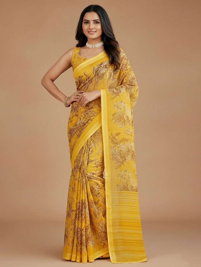 mustard georgette printed saree with blouse