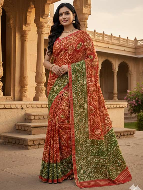 women bandhani printed saree with blouse
