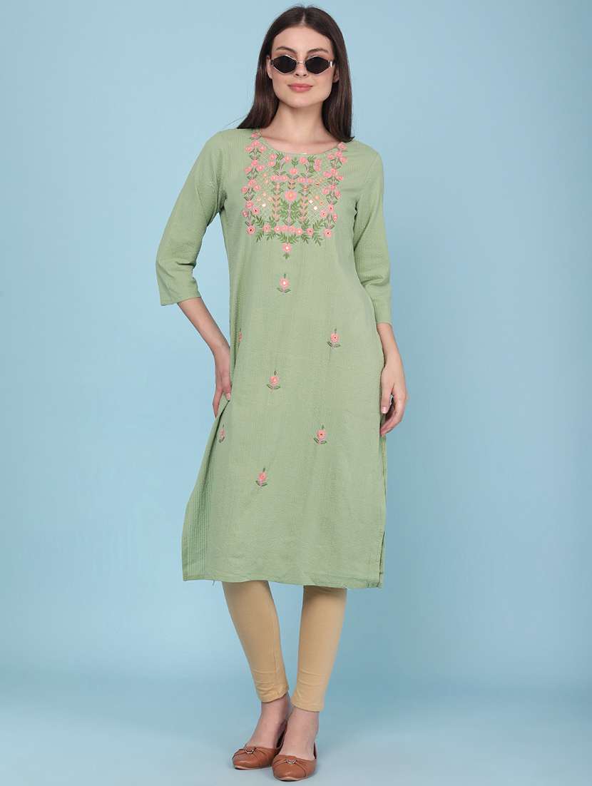 women embroidered three quarter sleeves kurta - 22337363 -  Standard Image - 3