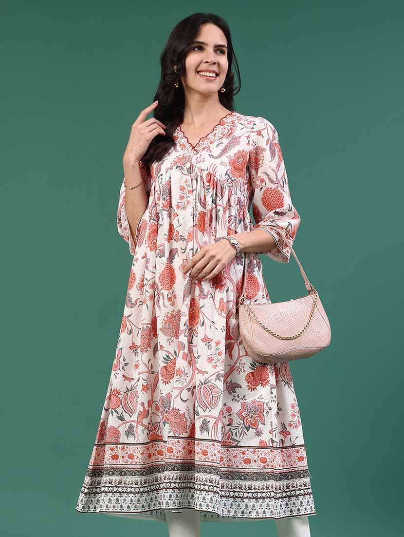 women printed three quarter sleeves a-line kurta