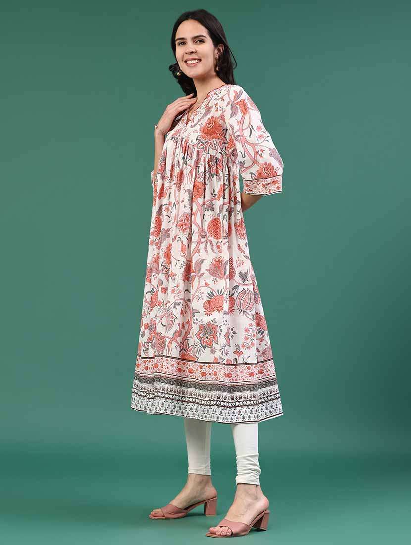women printed three quarter sleeves a-line kurta - 22337365 -  Standard Image - 3