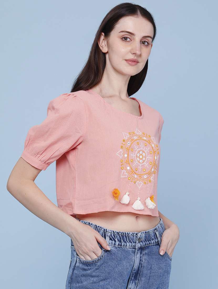 women embroidered short sleeves crop top - 22337473 -  Standard Image - 3