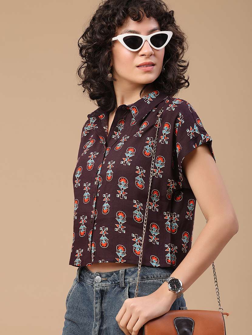women printed short sleeves shirt style top