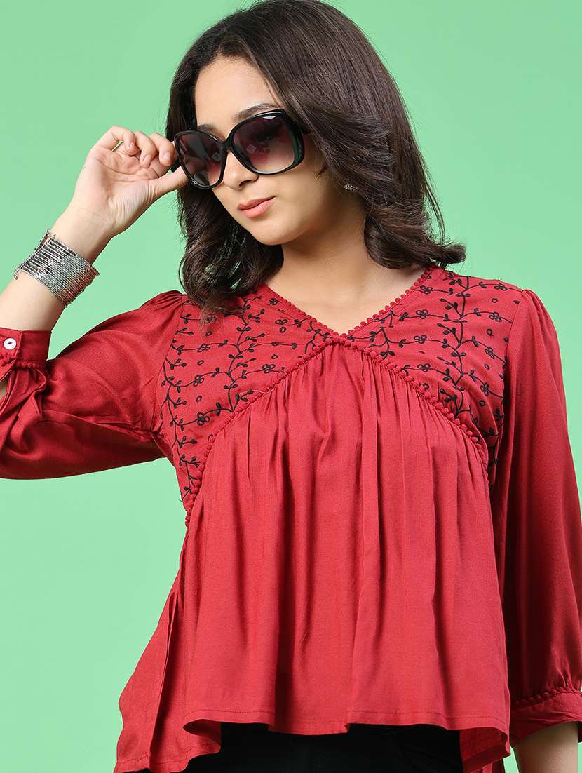 women embroidered three quarter sleeves a-line top