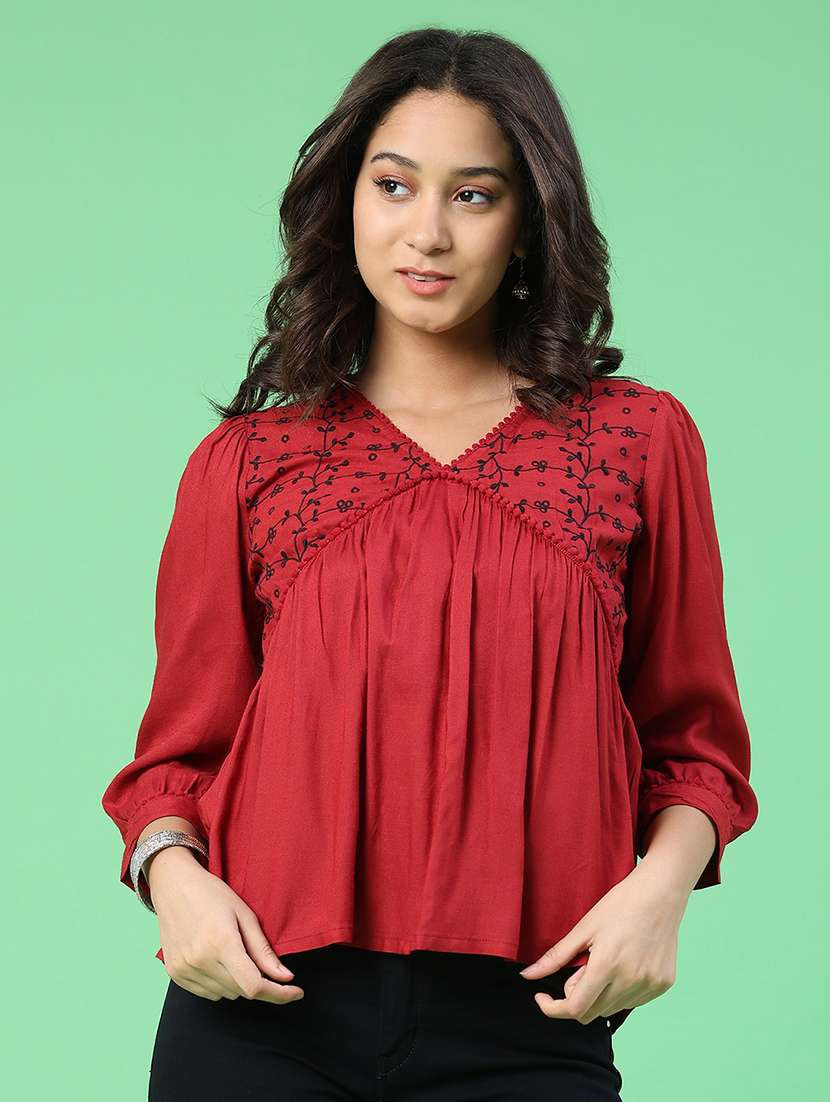 women embroidered three quarter sleeves a-line top - 22337477 -  Standard Image - 3