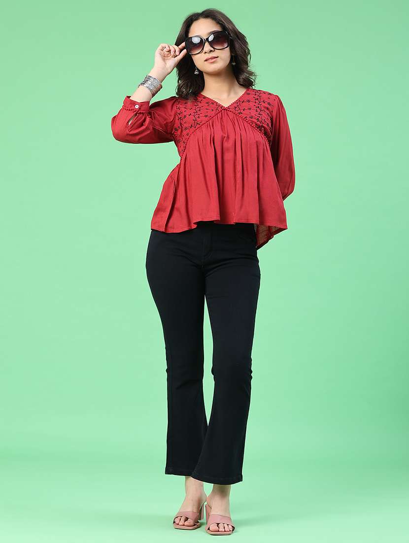 women embroidered three quarter sleeves a-line top - 22337477 -  Standard Image - 5