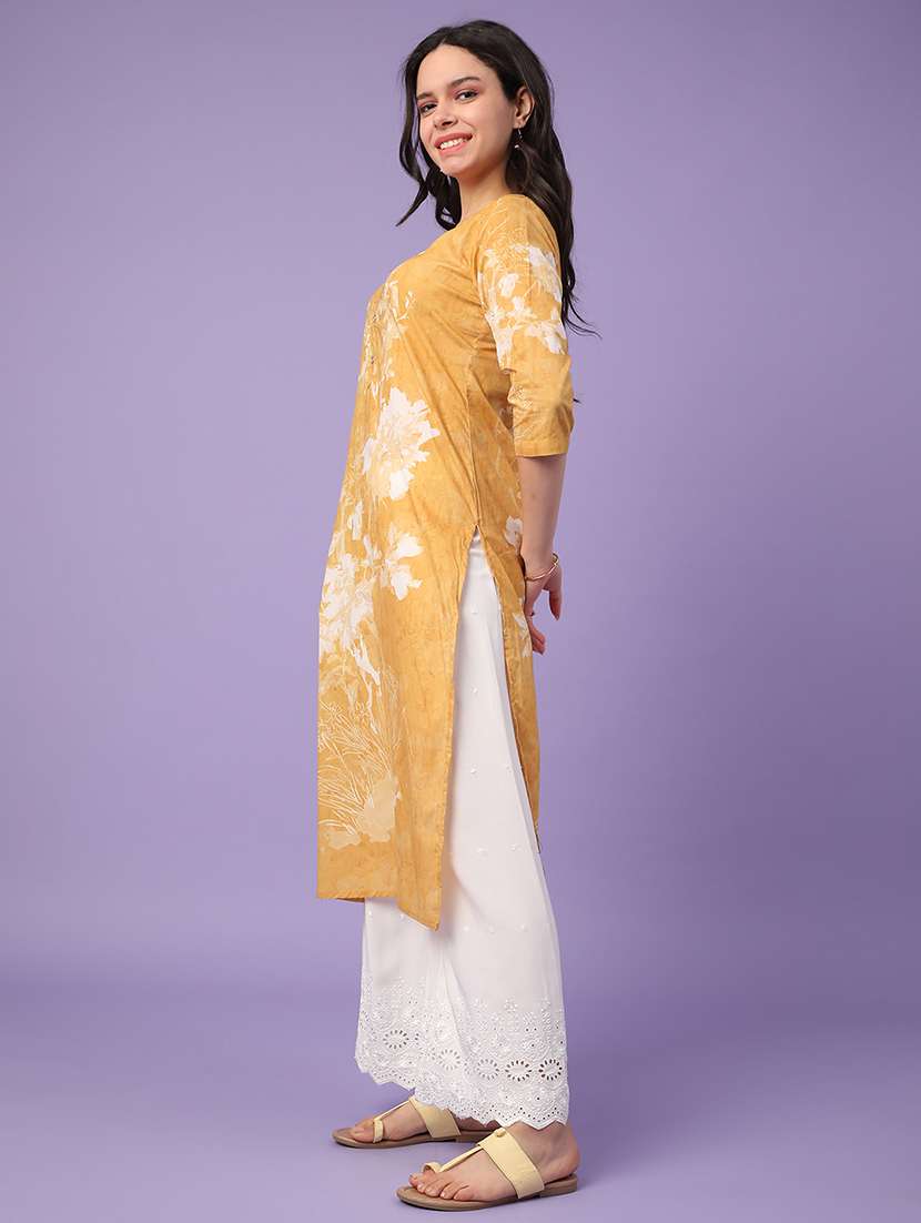 yellow cotton straight kurta - 22337479 -  Standard Image - 3