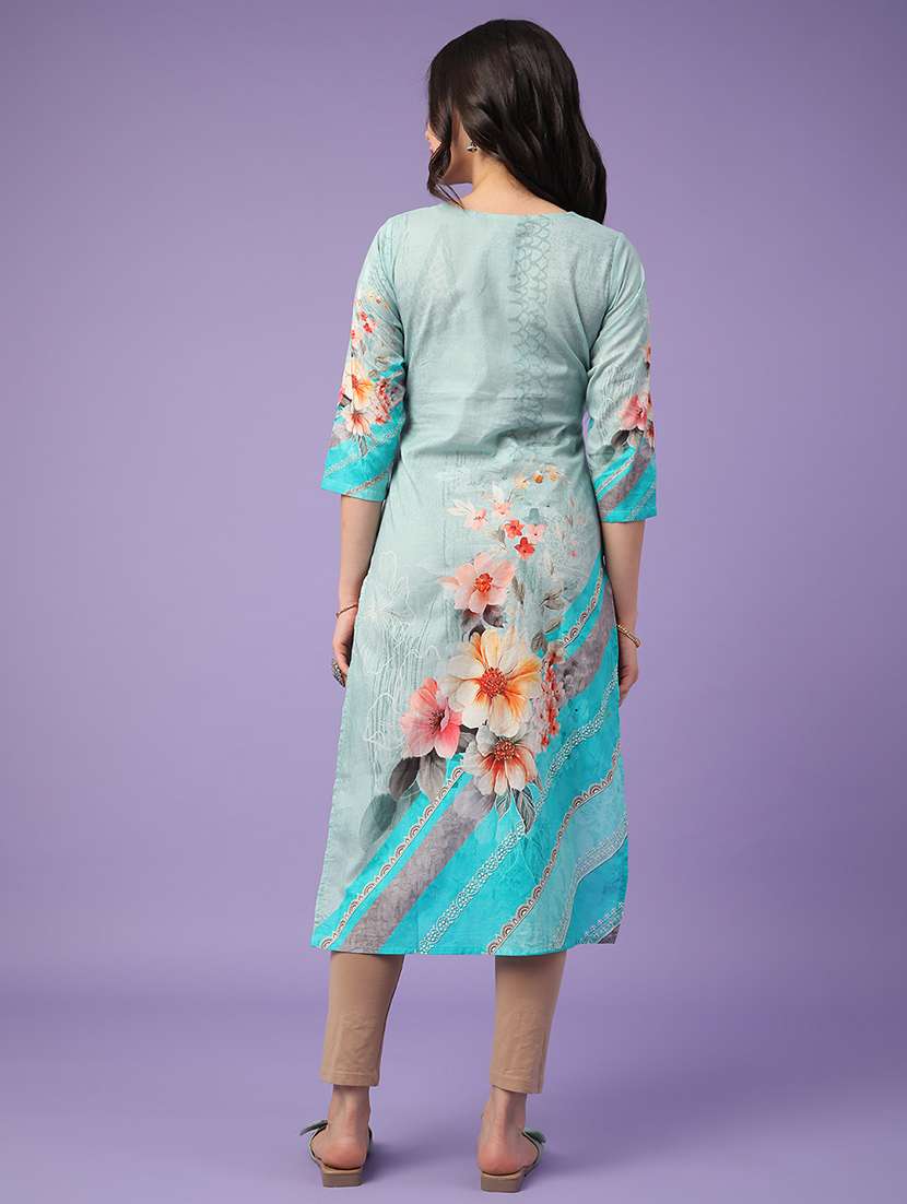 Blue Cotton Straight Kurta - 22337485 -  Standard Image - 3