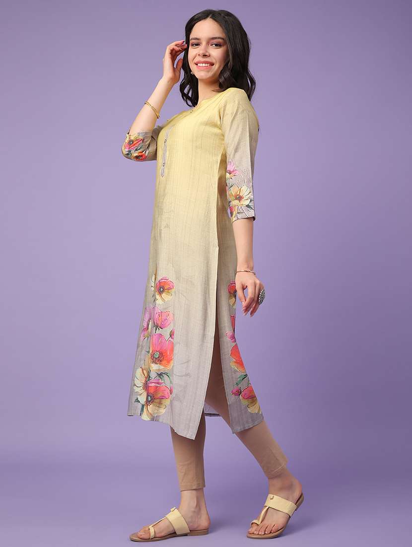 yellow cotton straight kurta - 22337487 -  Standard Image - 3