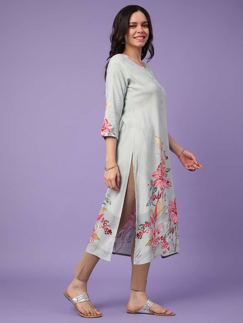 grey cotton straight kurta - 22337488 -  Standard Image - 3