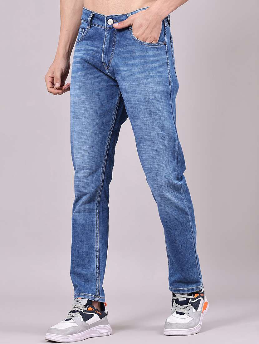 men washed mid rise full length jeans
