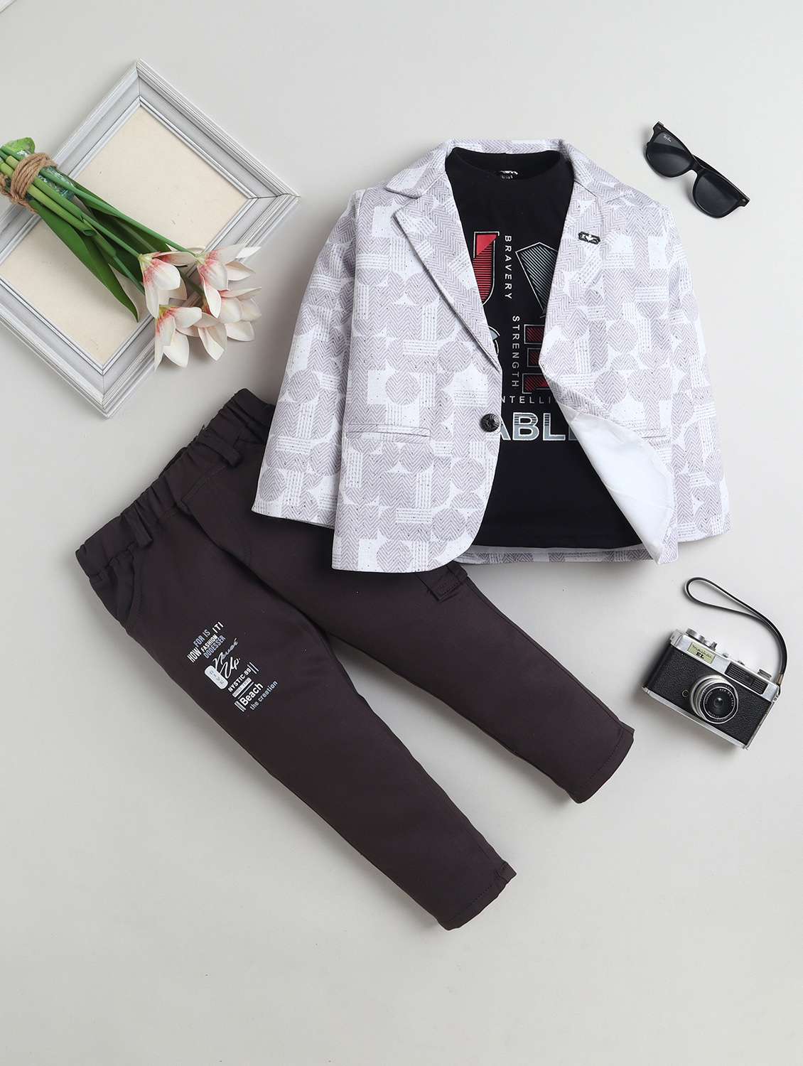 boys printed blazer and trouser with t-shirt set