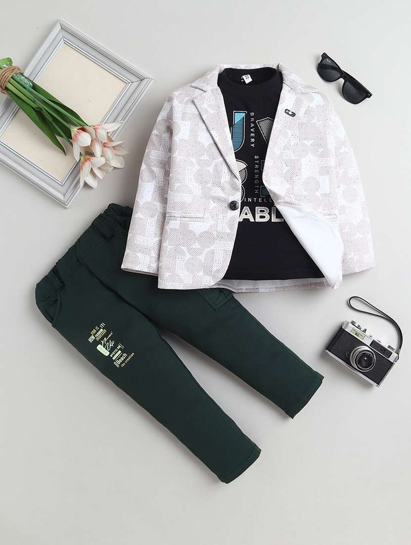 boys printed blazer and trouser with t-shirt set
