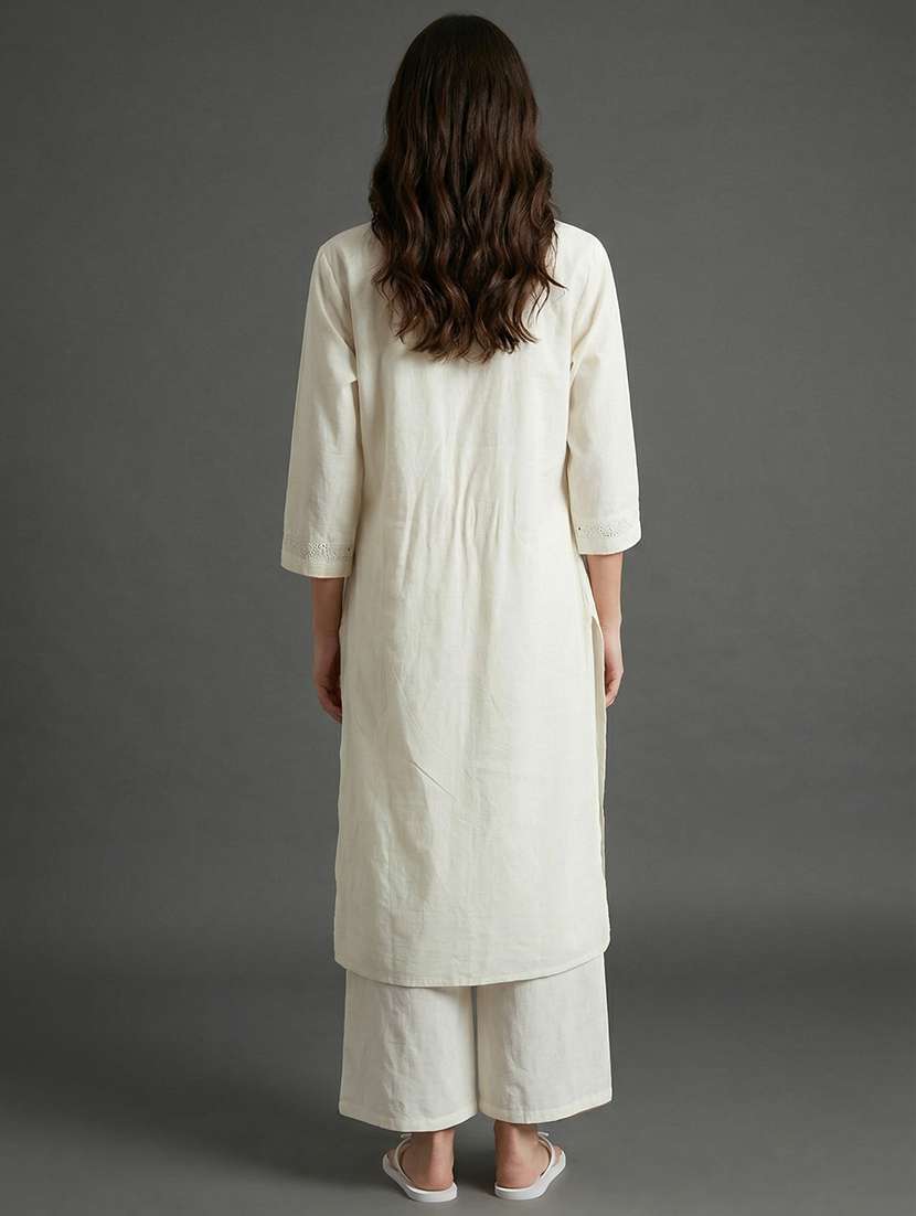 women solid with work three quarter sleeve straight kurta  - 22337769 -  Standard Image - 3