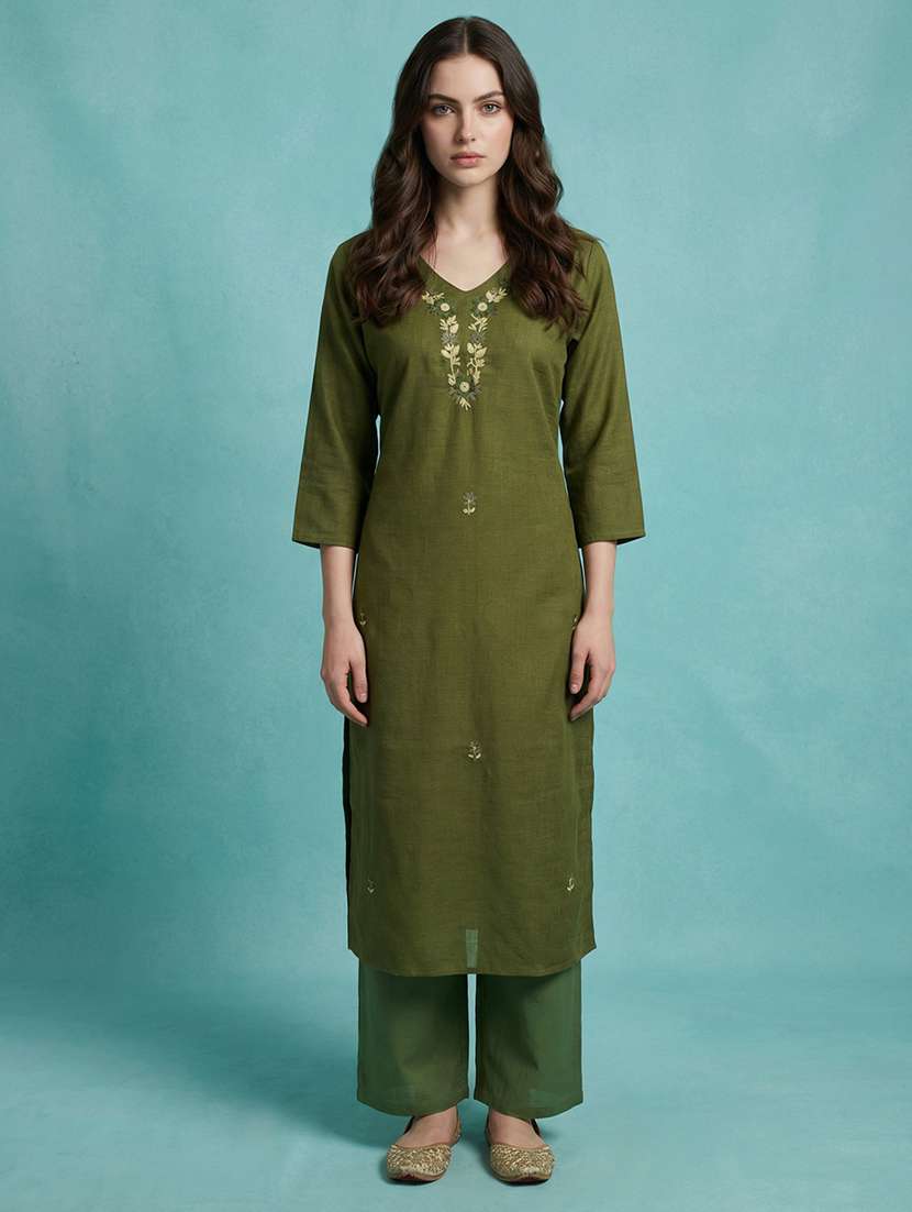 women solid with work three quarter sleeve straight kurta 