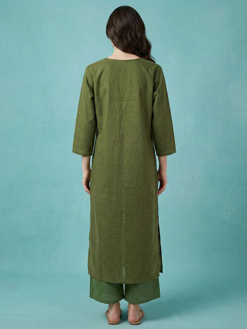 women solid with work three quarter sleeve straight kurta  - 22337770 -  Standard Image - 3