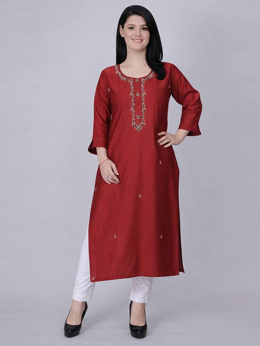 women solid with work three quarter sleeve straight kurta 
