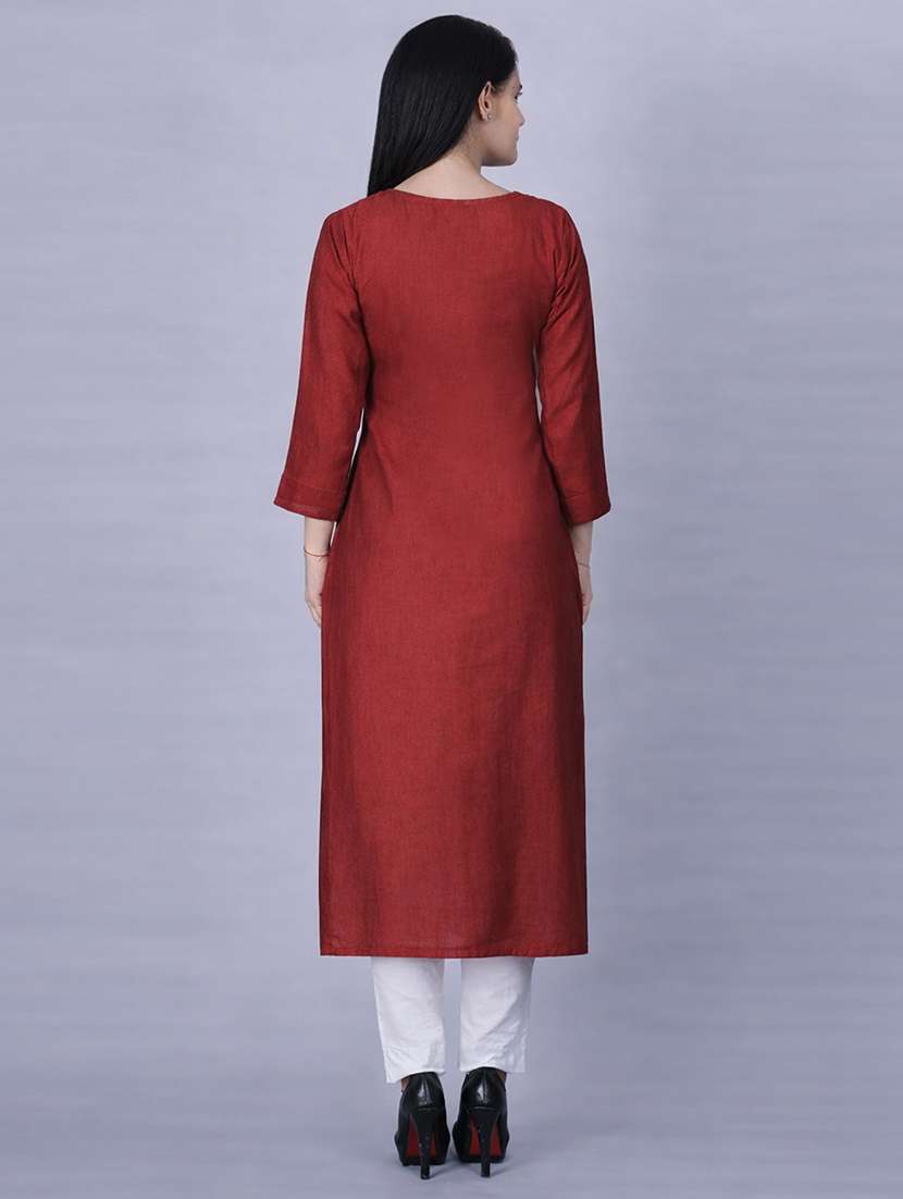 women solid with work three quarter sleeve straight kurta  - 22337773 -  Standard Image - 3