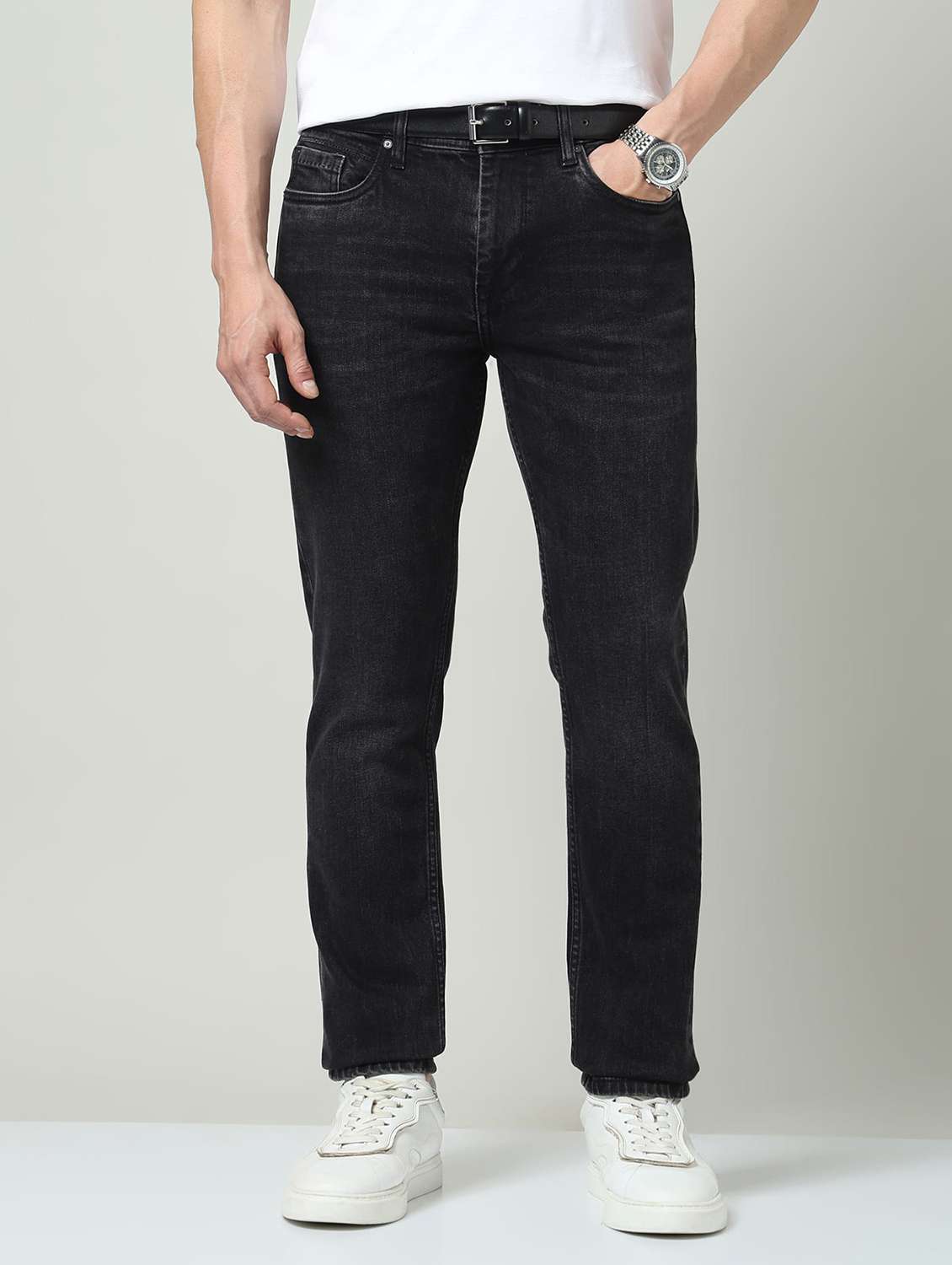 men washed mid rise full length jeans