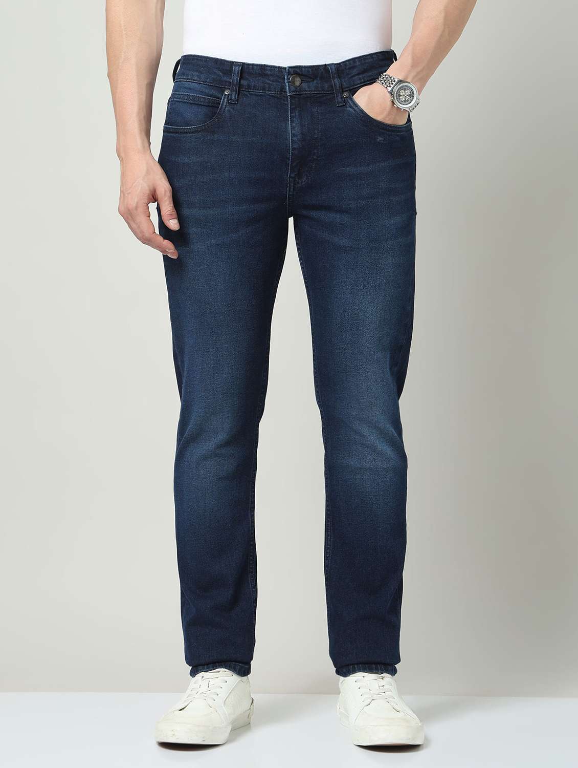 men washed mid rise full length jeans