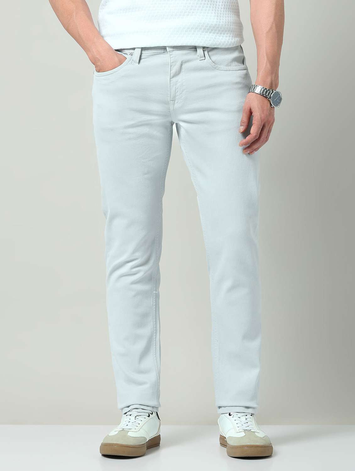 men plain mid rise full length jeans