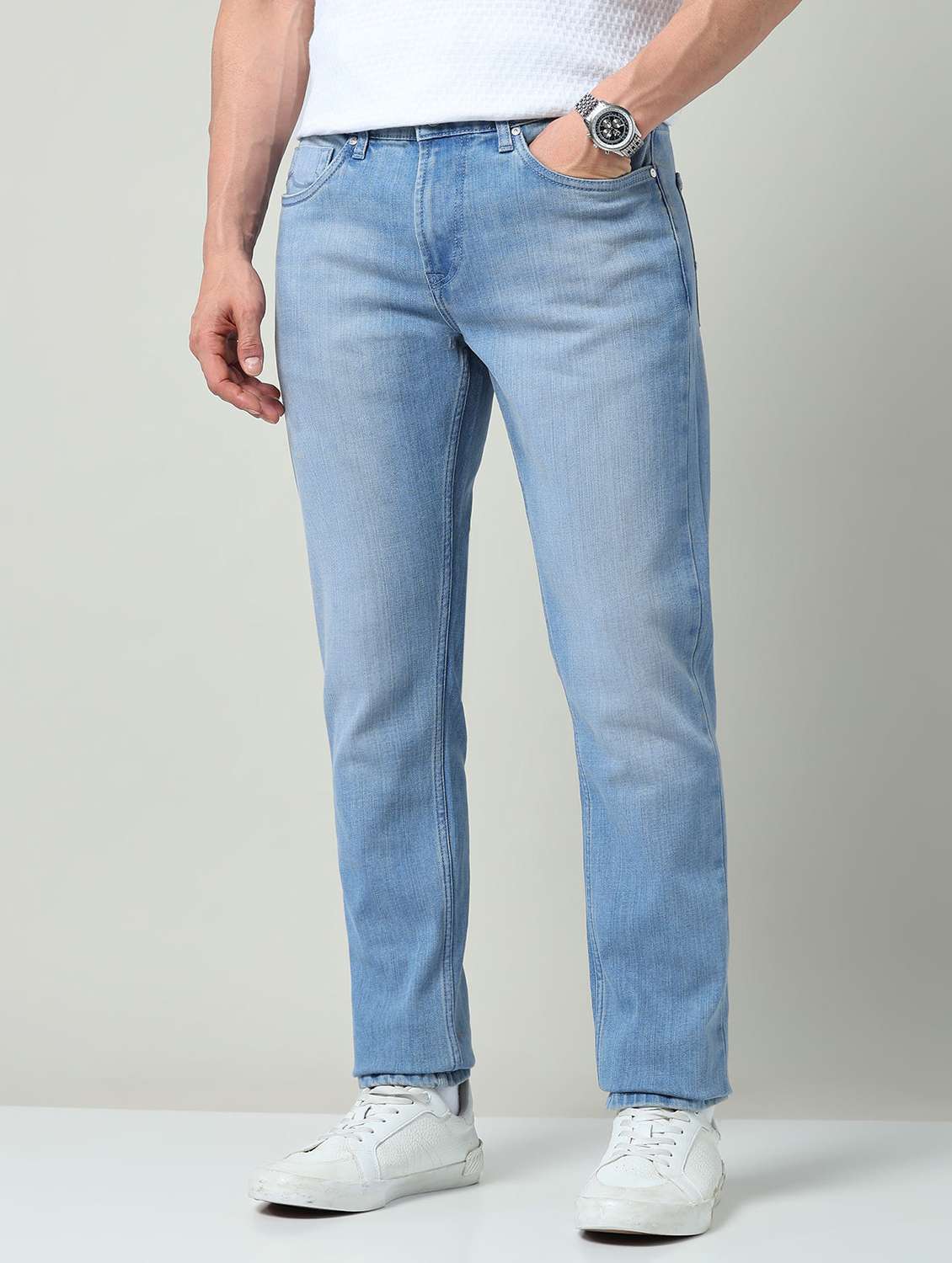 men washed mid rise full length jeans