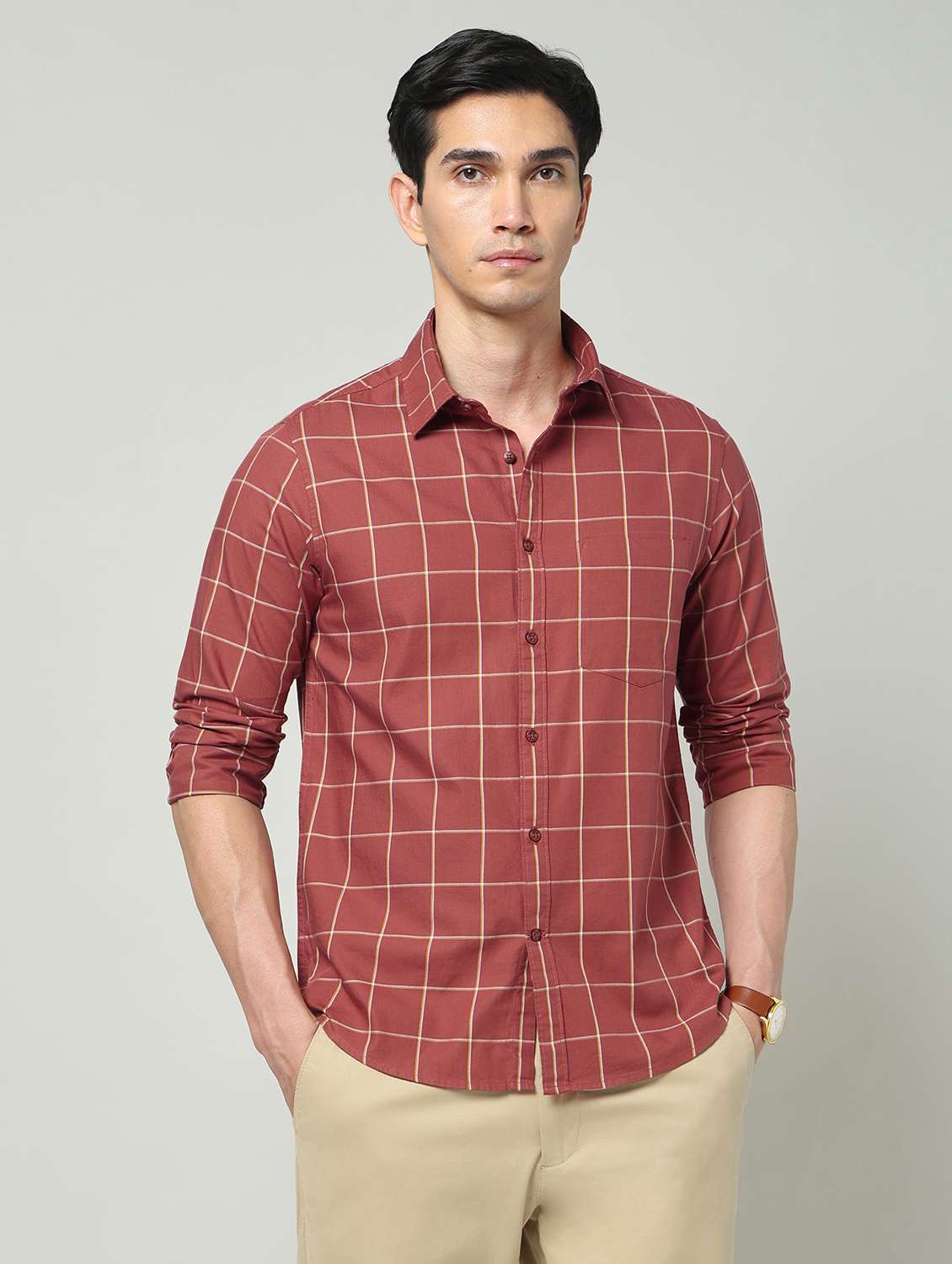 men checkered long sleeve slim fit casual shirt