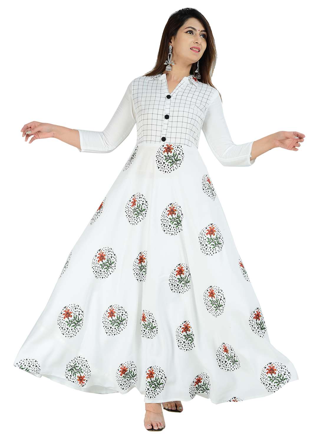 women printed three quarter sleeve ethnic dress