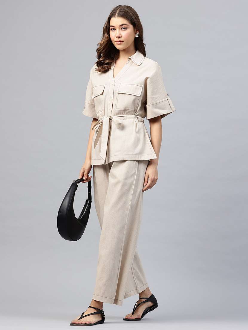 women solid shirt and trouser co-ord set