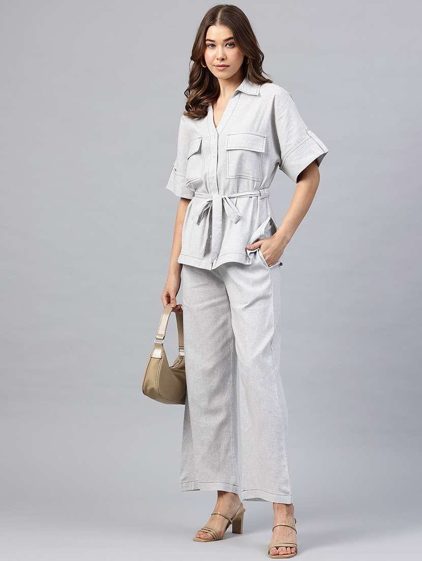 women solid shirt and trouser co-ord set