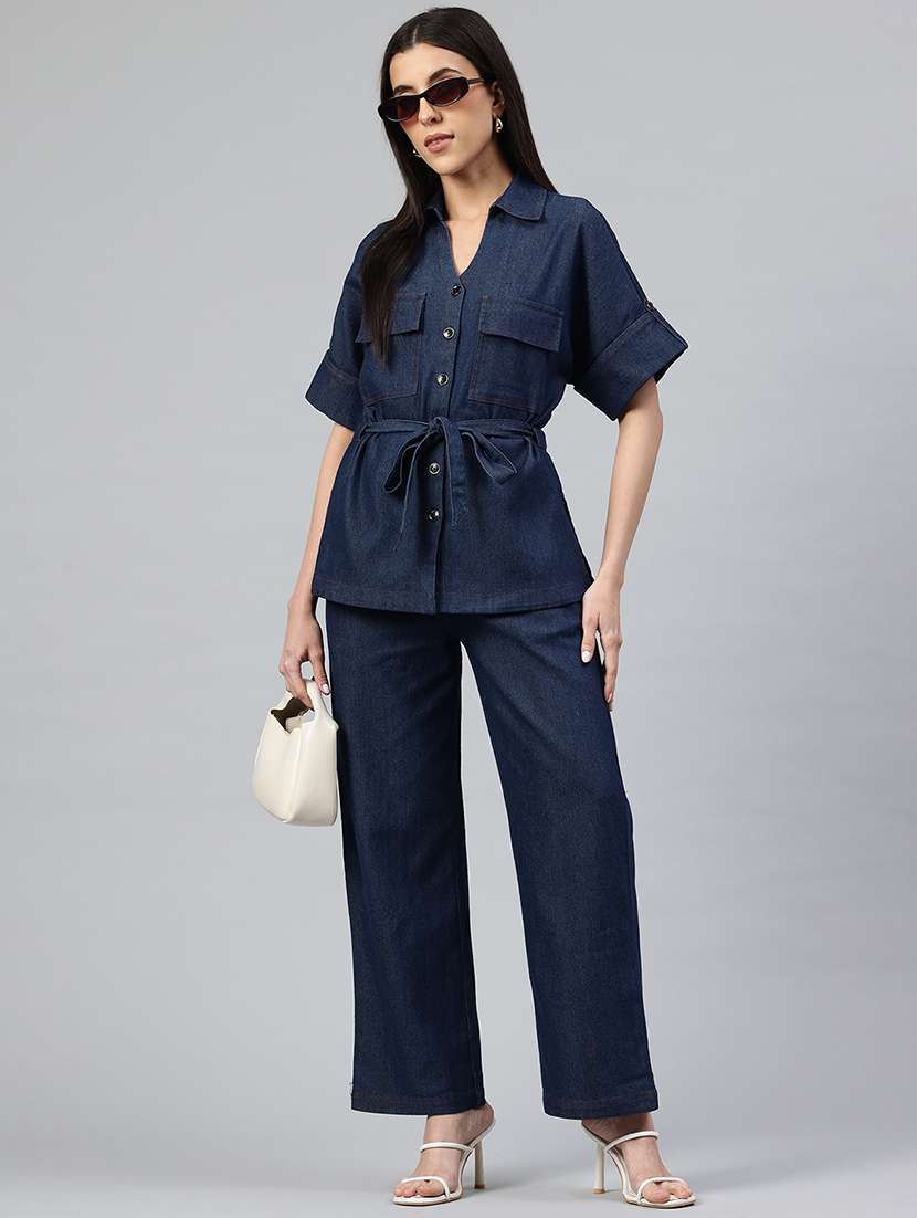 women solid shirt and trouser co-ord set
