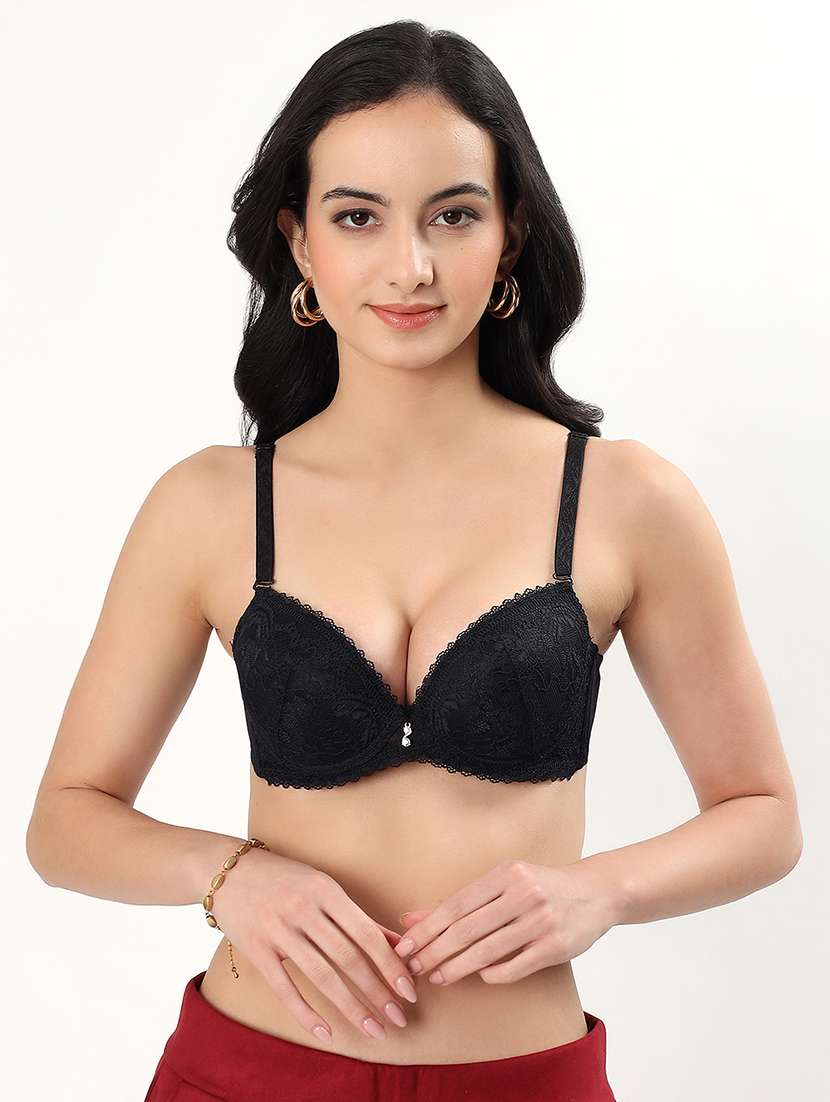 women solid underwired lace push up bra