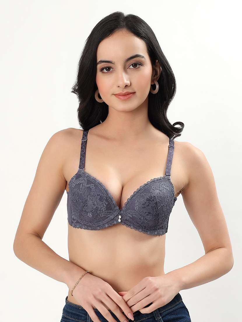 women solid underwired lace push up bra