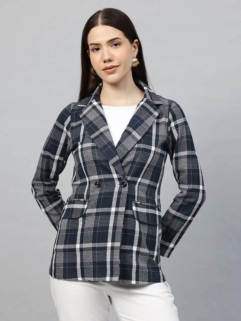 women checkered long sleeve double breasted blazer